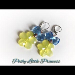 Flower Bow Dangle Earrings ~ Blue/Ylw